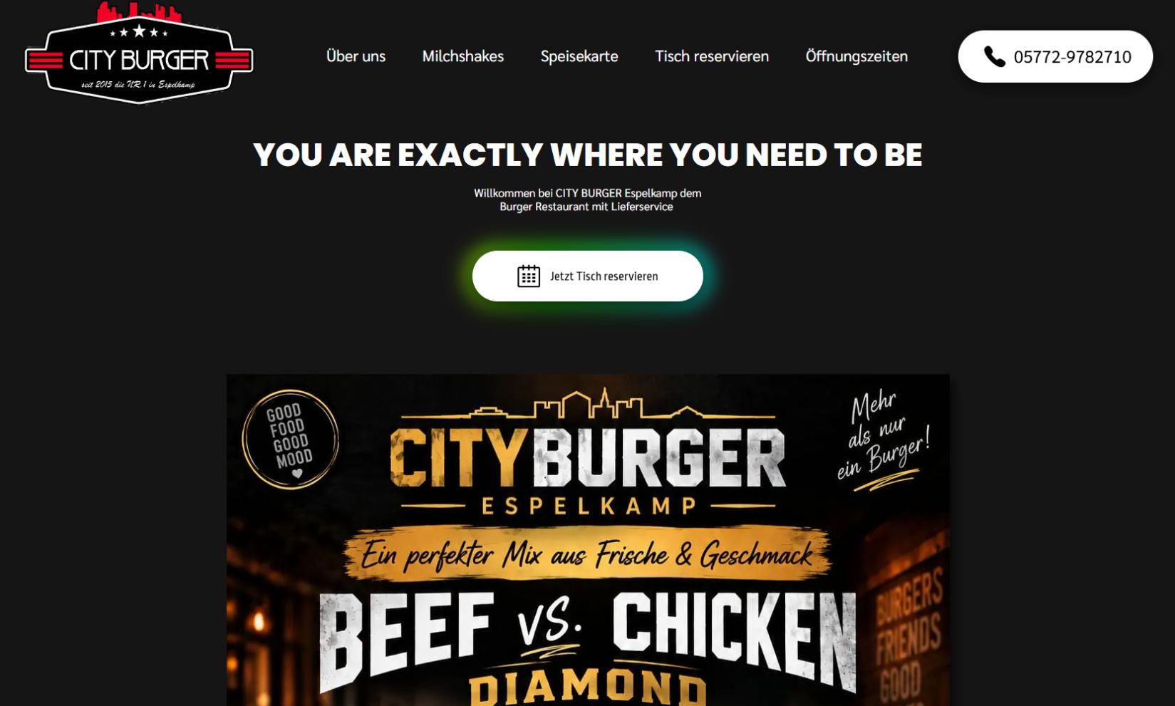 City Burger Espelkamp: Desktopansicht mit Speisekarte, Reservierung und Telefonbutton oben rechts